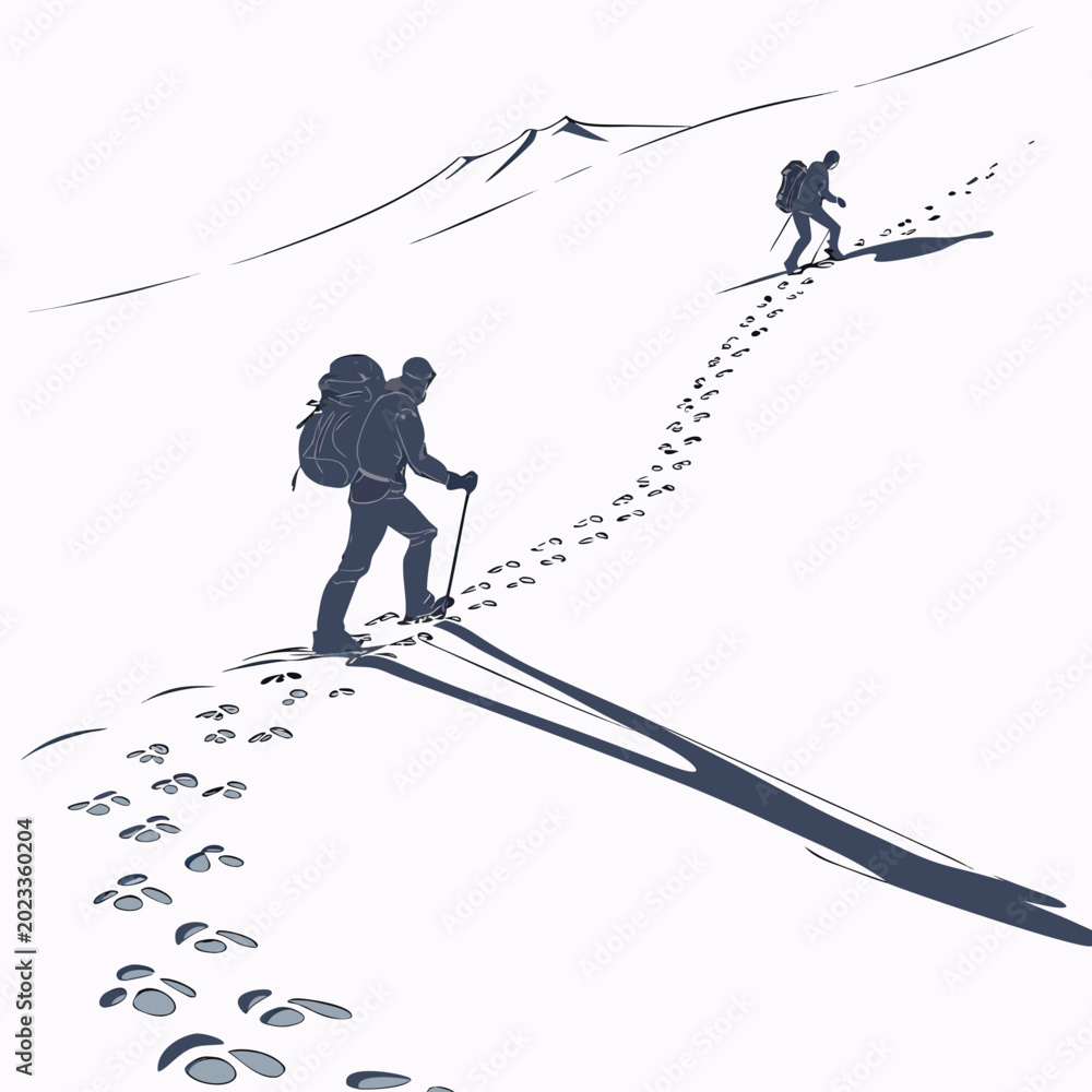 Fototapeta premium hikers on snowy mountain trail silhouette illustration