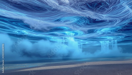 Surreal Landscape with Ocean Sky, Floating Waterfalls and Sunlit Ground Beneath Moving Waves