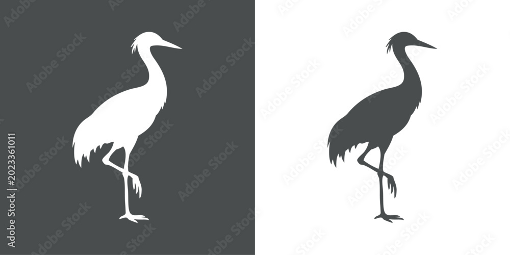 Naklejka premium Logotipo con el dibujo de la silueta de una grulla de pie con una pata encogida, vista de perfil