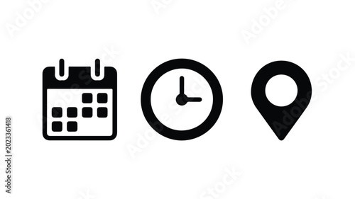 calendar clock and map pin icons on white background