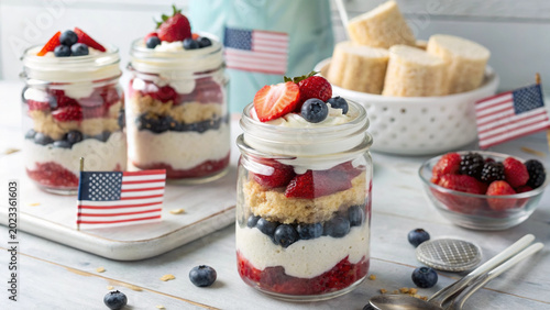 4th july patriotic dessert parfait mason jar berry cream shortcake American flag closeup of layered berry dessert parfait mason jar with whipped