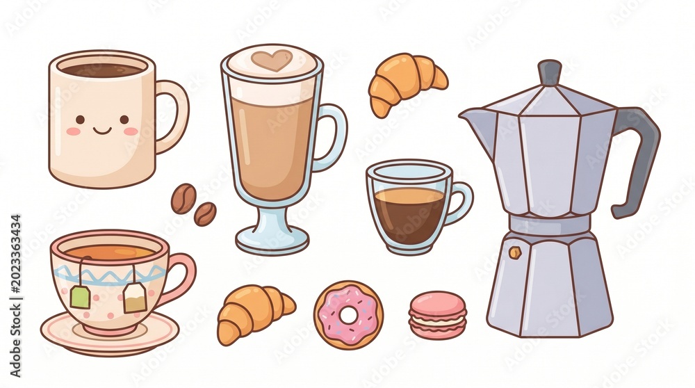 Obraz premium Cute Kawaii Coffee Breakfast Illustration with Croissant Donut Latte Mug Macarons and Cafe Dessert Stickers kawaii breakfast illustration, cute coffee illustration, kawaii coffee cup, cute latte art, 