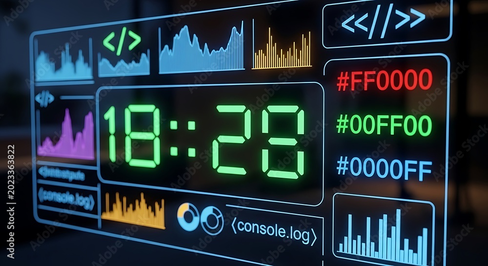 Fototapeta premium Digital display screen showing time and colorful coding symbols in neon light