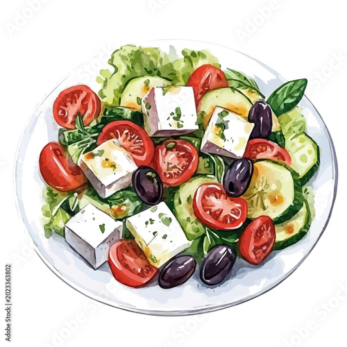 Fotografía Greek Salad, detailed watercolor clipart vector, isolated on a pure white background