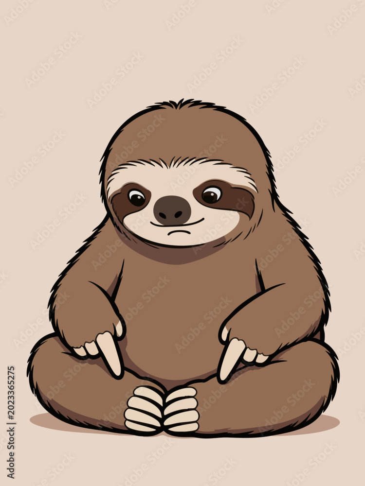 Fototapeta premium Cute Cartoon Sloth Sitting Calmly on Neutral Background