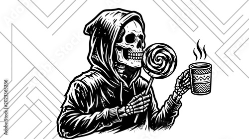 Tableau sur toile Skeleton holding lollipop and coffee cup.