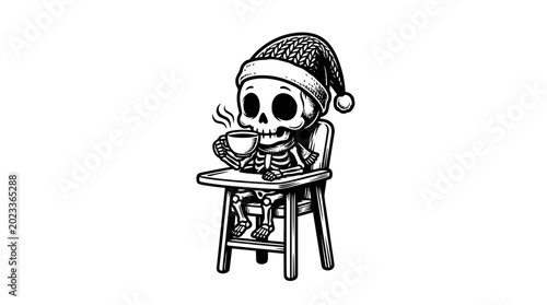 Tableau sur toile Skeleton wearing a Santa hat eating.