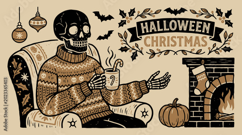 Photos Skeleton sitting in armchair drinking.