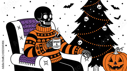Bilde på lerret Skeleton wearing orange Halloween sweater.