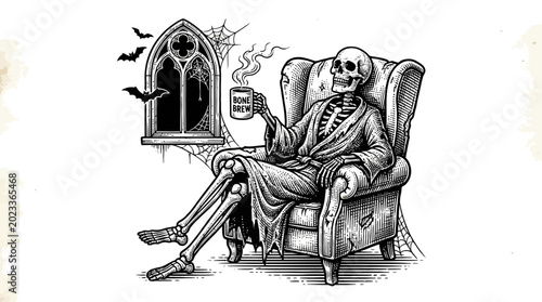 Skeleton sitting in chair drinking.
