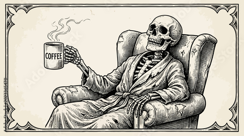 Canvastavla Skeleton sitting in chair with coffee.