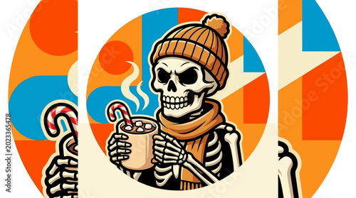 Foto Skeleton wearing hat holding coffee.