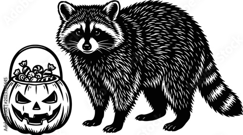 Photos Raccoon with Halloween candy bucket.