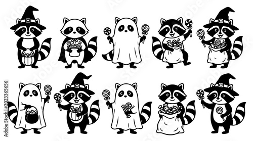 Raccoons dressed as Halloween characters.