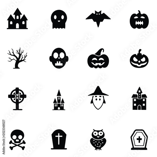 Foto collection of Halloween silhouettes haunted house on white background