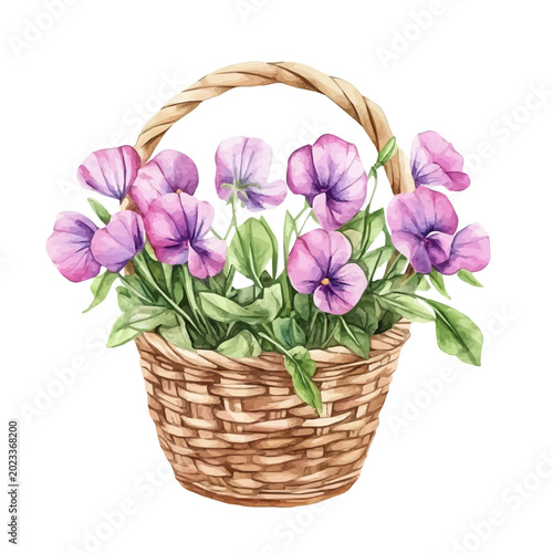 Obraz na płótnie Sweet Pea Flower Basket, soft hand-painted watercolor illustration, isolated on a white background