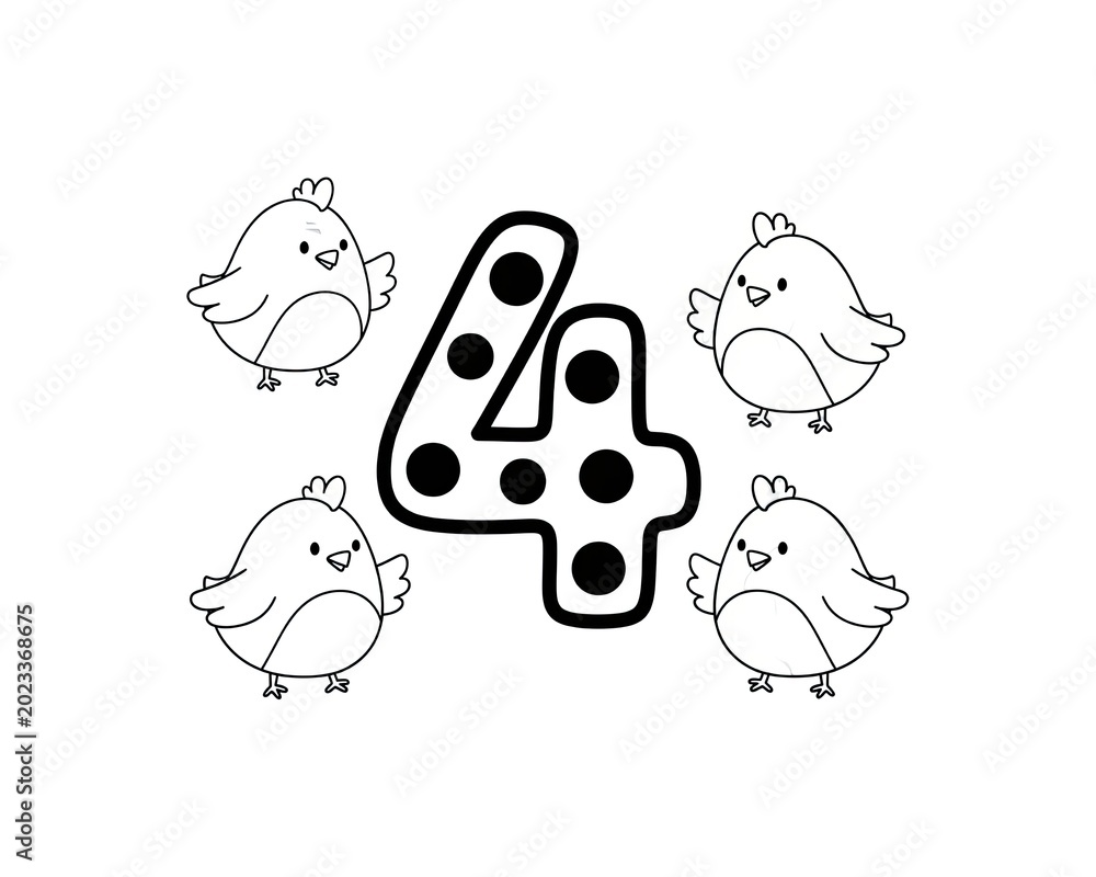 Fototapeta premium Four cute chicks around a large polka dot number 4, counting and learning
