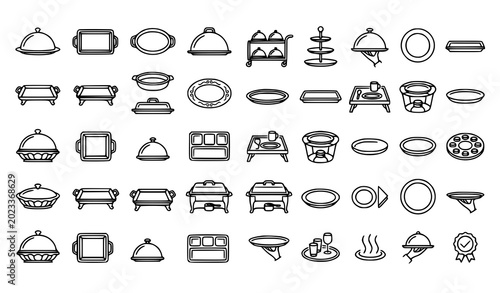 Tableau sur toile Modern platter line icon collection vector with catering serving tray and food s