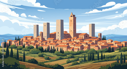 Obraz na płótnie A breathtaking vector illustration of San Gimignano, an ancient medieval hill to