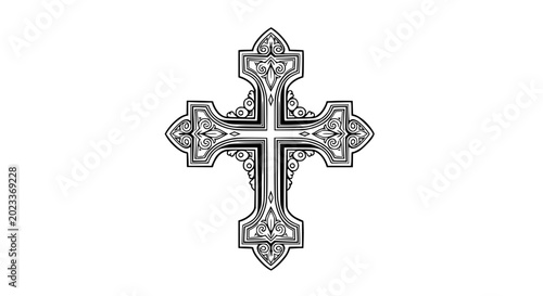 Fotografi Ornate Cross Design - Black and White Religious Symbol