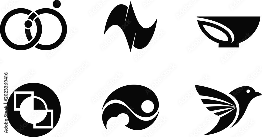 Obraz premium Vector abstract geometric logo collection showing various symbols including bird bowl and circle shapes isolated on white background for creative design branding