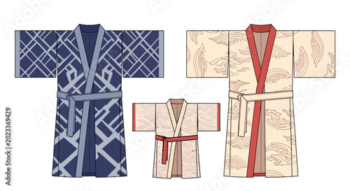 Obraz na płótnie three traditional japanese kimonos with patterned designs flat vector silhouette