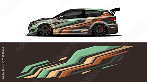 Fotografi Vibrant two-tone wrapped sports car with orange and green accents on clean white and dark backgrounds