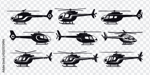 Schilderij op canvas Helicopter vector set with multiple aircraft side views in clean flat style, isolated on transparent background, ideal for aviation graphics, transport themes, flight icons, and design projects