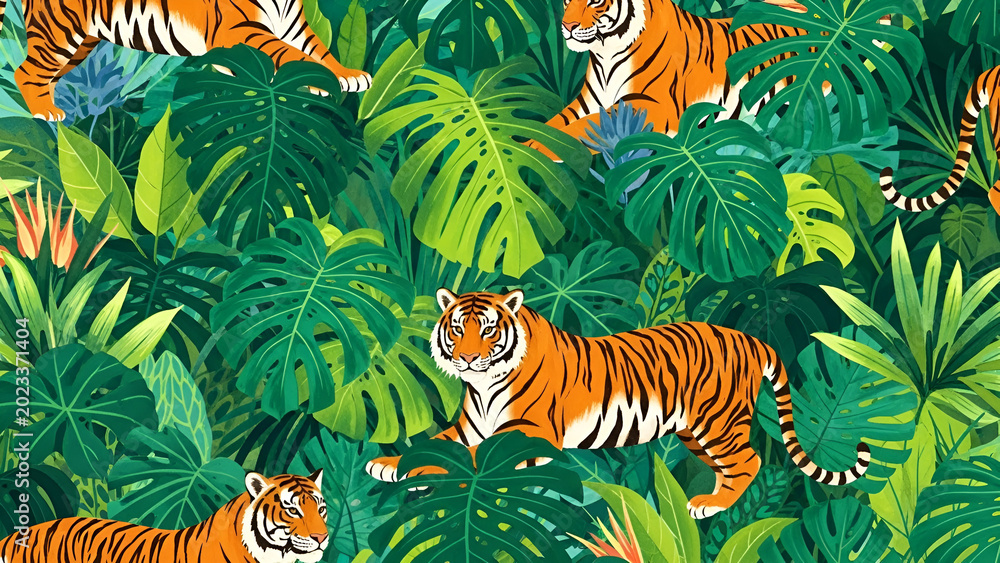 Fototapeta premium Vibrant tigers in lush tropical jungle with large green leaves and exotic plants, showcasing orange and black striped fur, white accents, and natural habitat