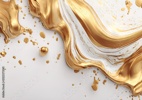 Flowing, glossy gold liquid merges with white, creating a luxurious abstract pattern. Splatters and swirls evoke elegance
