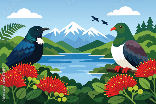 New Zealand Nature Landscape Vector Illustration Featuring Native Tui and Kereru Birds with Red Pohutukawa Flowers, Scenic Lake, and Snow-Capped Mountain Background for Travel Banner and Poster