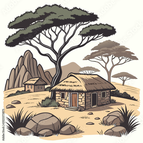 Foto african safari homestead illustration with thatched roofs and trees