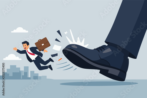 Vector Illustration of a Business Concept Showing a Small Businessman in a Suit Being Kicked Out by a Giant Corporate Foot Representing Job Loss, Layoffs, Firing, and Unfair Competition in Market