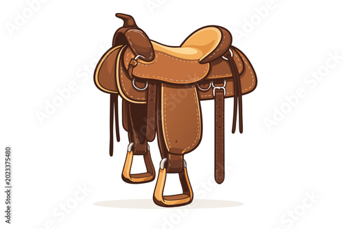 Western horse saddle vector illustration in a clean modern flat style featuring brown leather seat, stirrups, and horn, perfect for equestrian sports, cowboy culture, and rodeo ranching equipment.