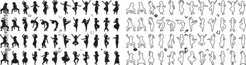 Canvas Print Dancing girl silhouettes and line art icons, set of 80 female dancer vector elem