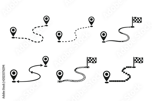 Set of six black vector path icons with various styles including dashed, dotted, hand-drawn sketch, and pixelated lines connecting map pins and finish flags for navigation and travel design.