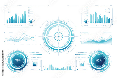 Futuristic digital head-up display HUD interface featuring data scan elements, bar charts, system tracking line graphs, circular progress indicators, and sci-fi UI dashboard vector illustration.