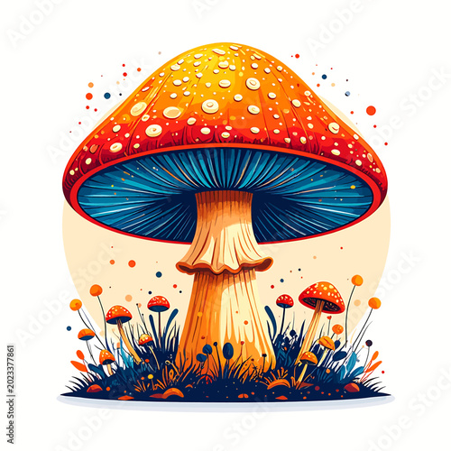 Bild auf Leinwand Large Red and Yellow Mushroom Illustration.