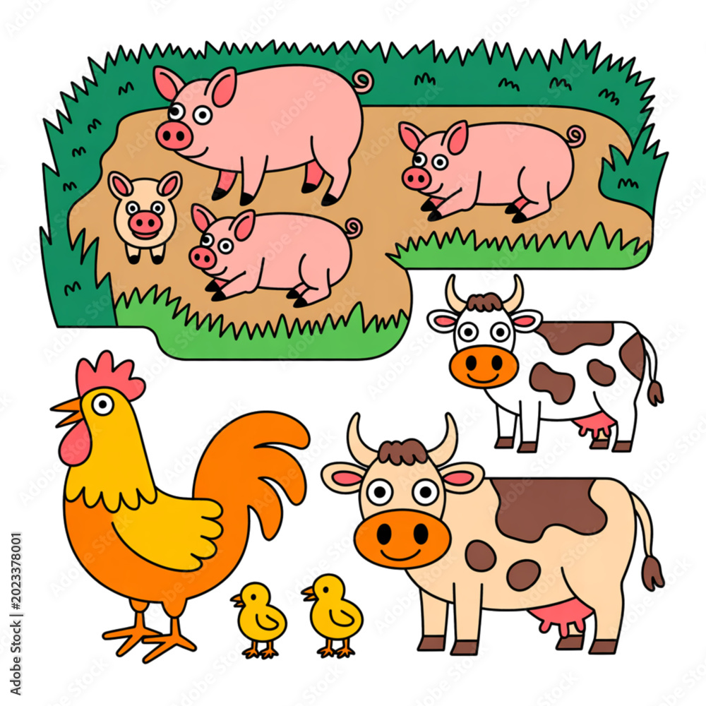 Fototapeta premium Cute cartoon farm animals set with cow pig rooster and chick, domestic livestock vector illustration