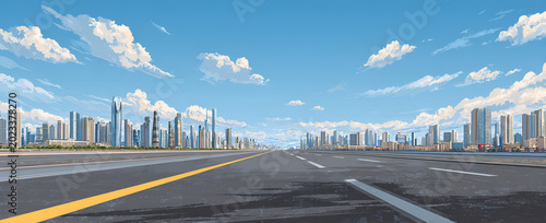 A long asphalt road leads towards a cityscape under a blue sky dotted with puffy white clouds, suggesting a journey to a developed metropolis