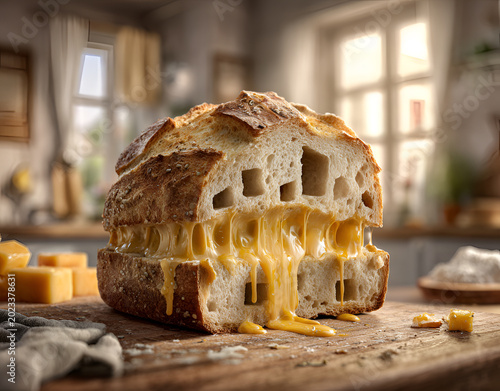 A creative shot of a grilled cheese sandwich made with a bread loaf. Cheese is melted and oozing between the bread, on a wooden board
