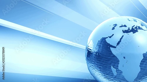 Blue spinning digital globe animation on abstract light background for broadcasting news intro corporate presentation and global communication concept.