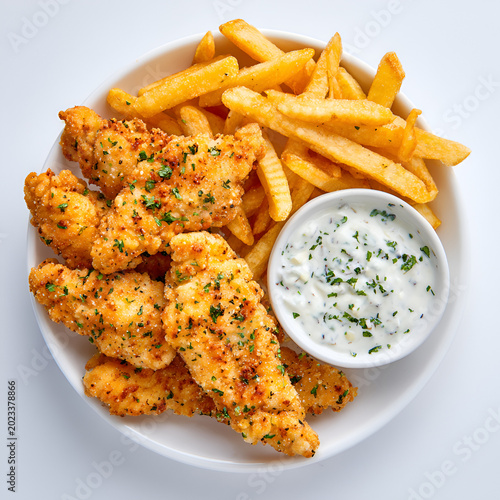A close-up shot presents a plate with golden-brown fried strips alongside a pile of fries and a small bowl of creamy sauce