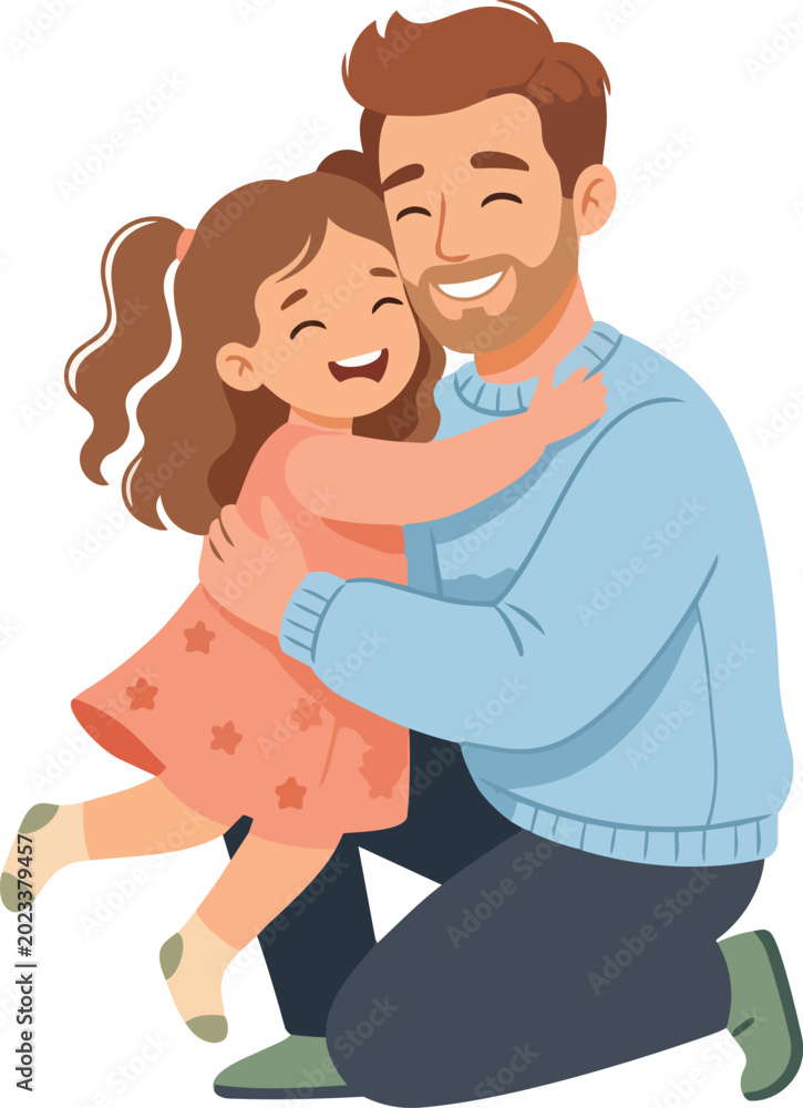 Obraz premium A man kneeling and hugging a little girl with brown hair.