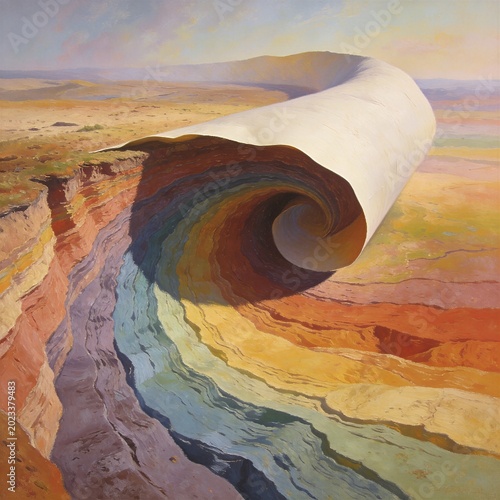 Surreal Landscape with Ground Curling Upward to Reveal Colorful Layers Beneath Reality