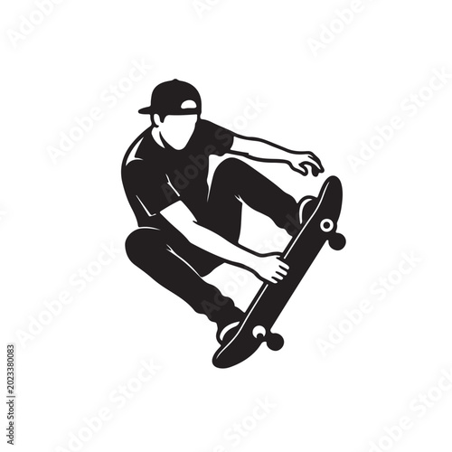 Skateboarder performing jump trick silhouette isolated on white background