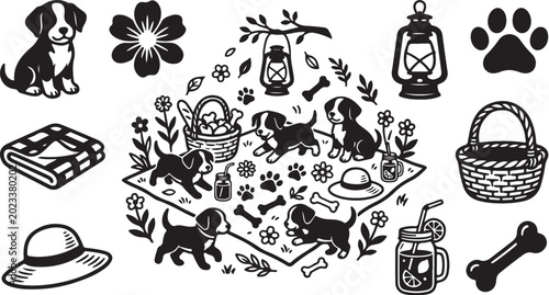 Black and white dog themed picnic illustration