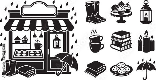 Cozy rainy day cafe and book store icons
