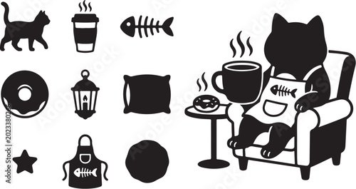 Black Cat Sitting in Chair with Coffee Mug