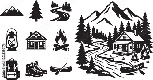 Winter Cabin Adventure in Snowy Mountain Forest Scene